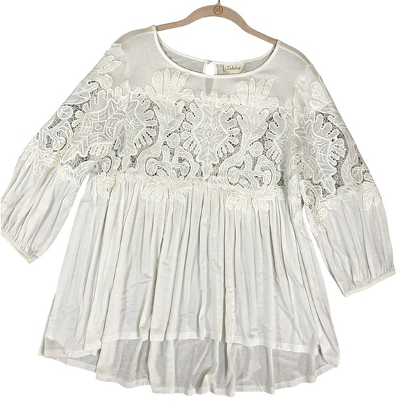 Deletta Tops - Deletta White Appliqué Sheer Lace 3/4 Sleeve Boho Babydoll Blouse Size Small